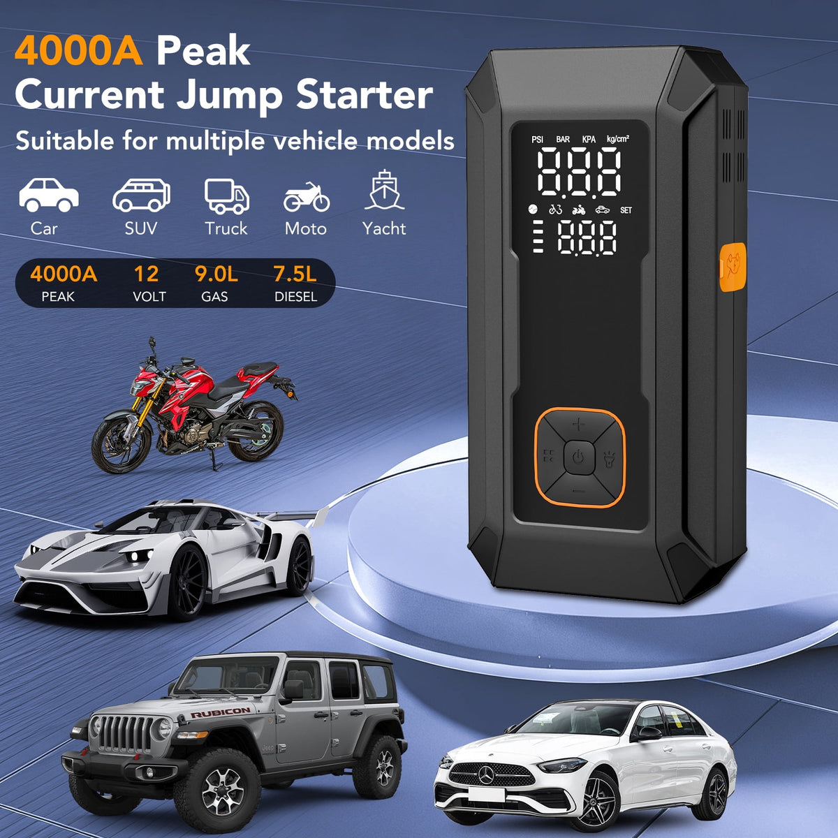 KT1 Car Jump Starter with Air Compressor, 150 PSI, Power Bank, 4000A Jump Starter, Fast Inflation for Car Tires, Bikes, SUV, Trucks & More - Portable