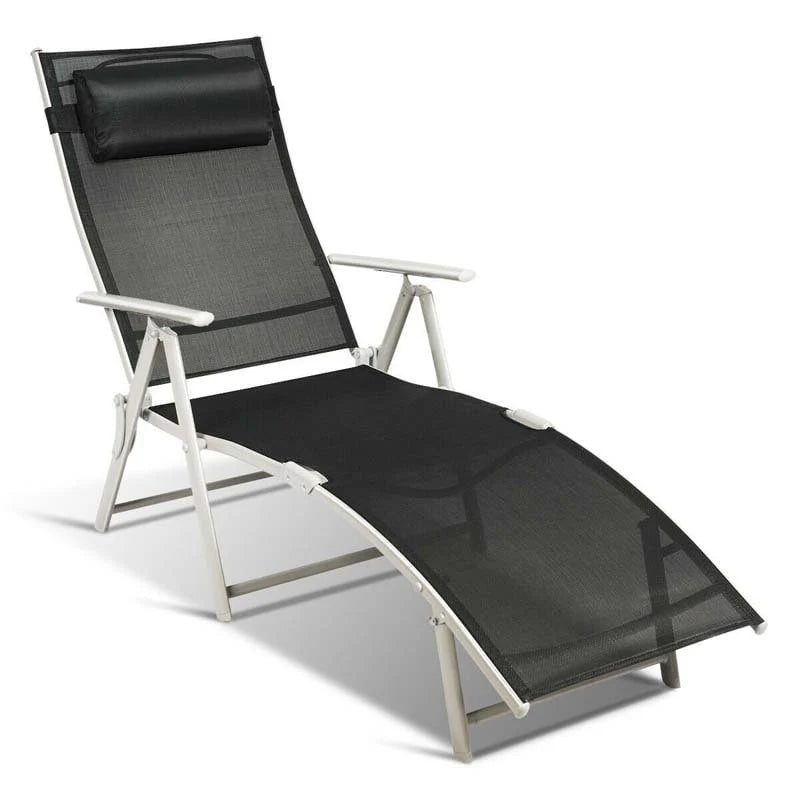 7 Position Folding Outdoor Chaise Lounge Chair With Cushion And Pillow