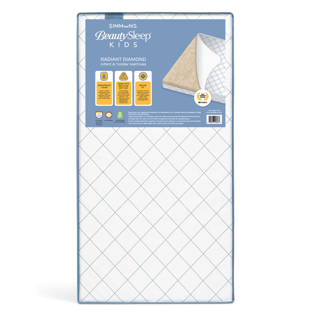 Simmons BeautySleep Kids Extra Firm Crib and Toddler Mattress, GREENGUARD Gold Certified, Sustainable Fiber Core, Waterproof, White/Blue
