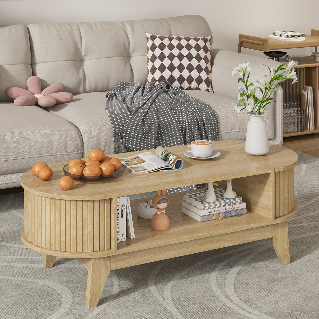 Fluted Oval Coffee Table With Storage, 46.45 x 19.68 x 15.94 in
