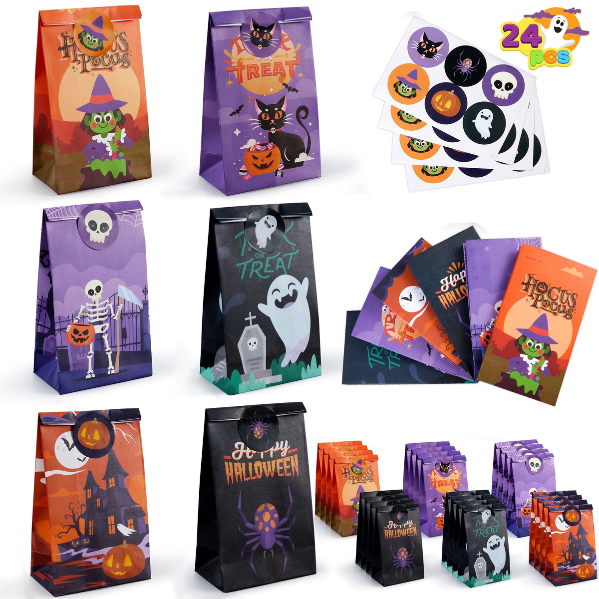 Joyfy 60 PCS Halloween Treat Bags with Stickers, Halloween Trick or Treat Bags for Kids Halloween Party Favors Exchange, Goodie and Candy Bags for Holiday Party Supplies
