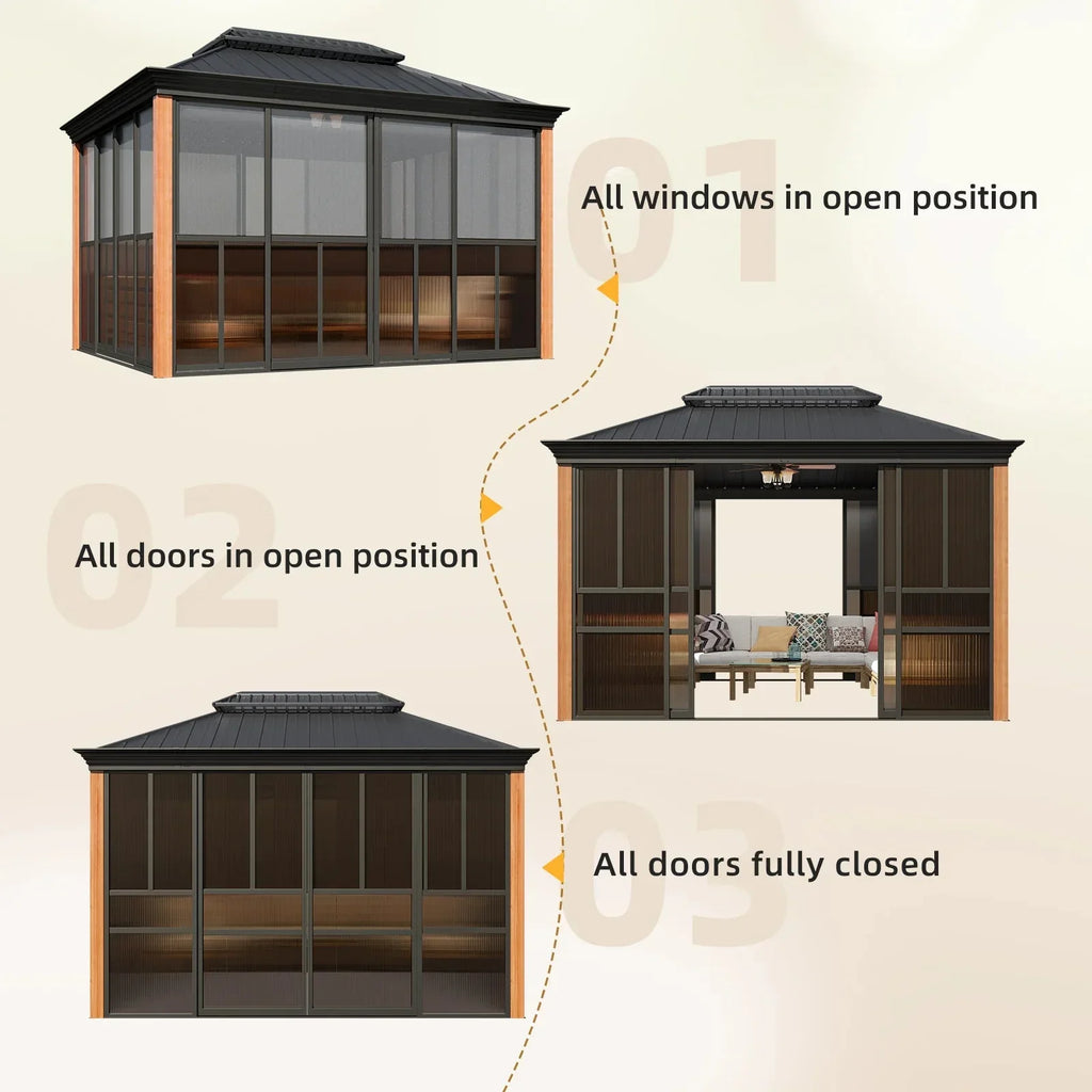 EROMMY Sunroom 10 x 12 ft With Galvanized Steel Double Roof, Aluminum Alloy Frame, Wood Grain Appearance