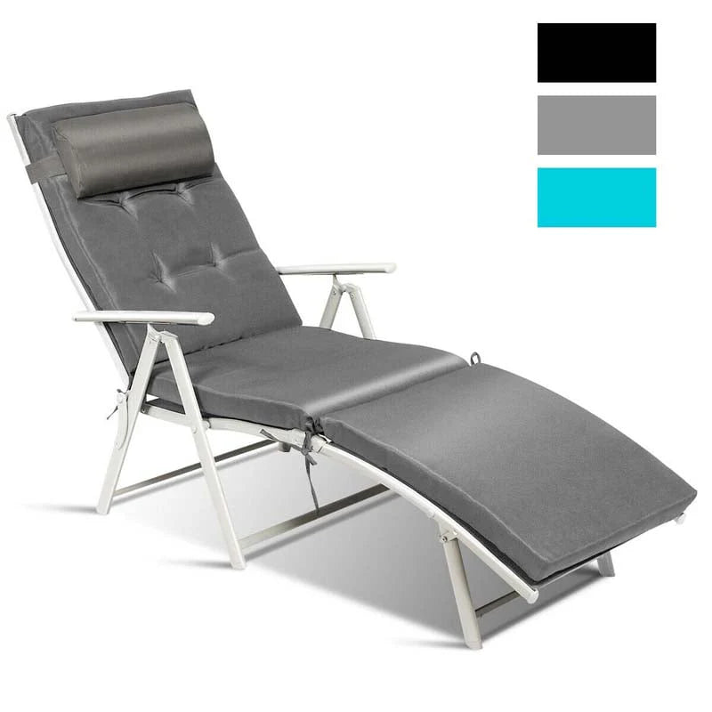 7 Position Folding Outdoor Chaise Lounge Chair With Cushion And Pillow