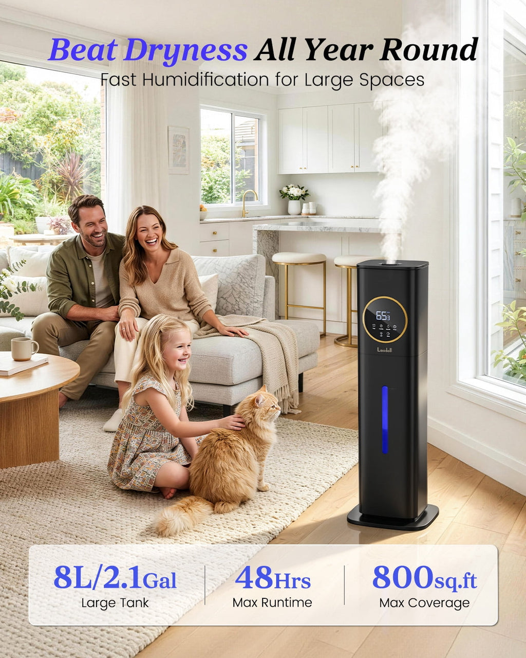 Humidifiers for Room Bedroom, 2.1Gal/8L Humidifiers for Home, Large Room, Top Fill Whole House Cool Mist for Plants Baby(Black)