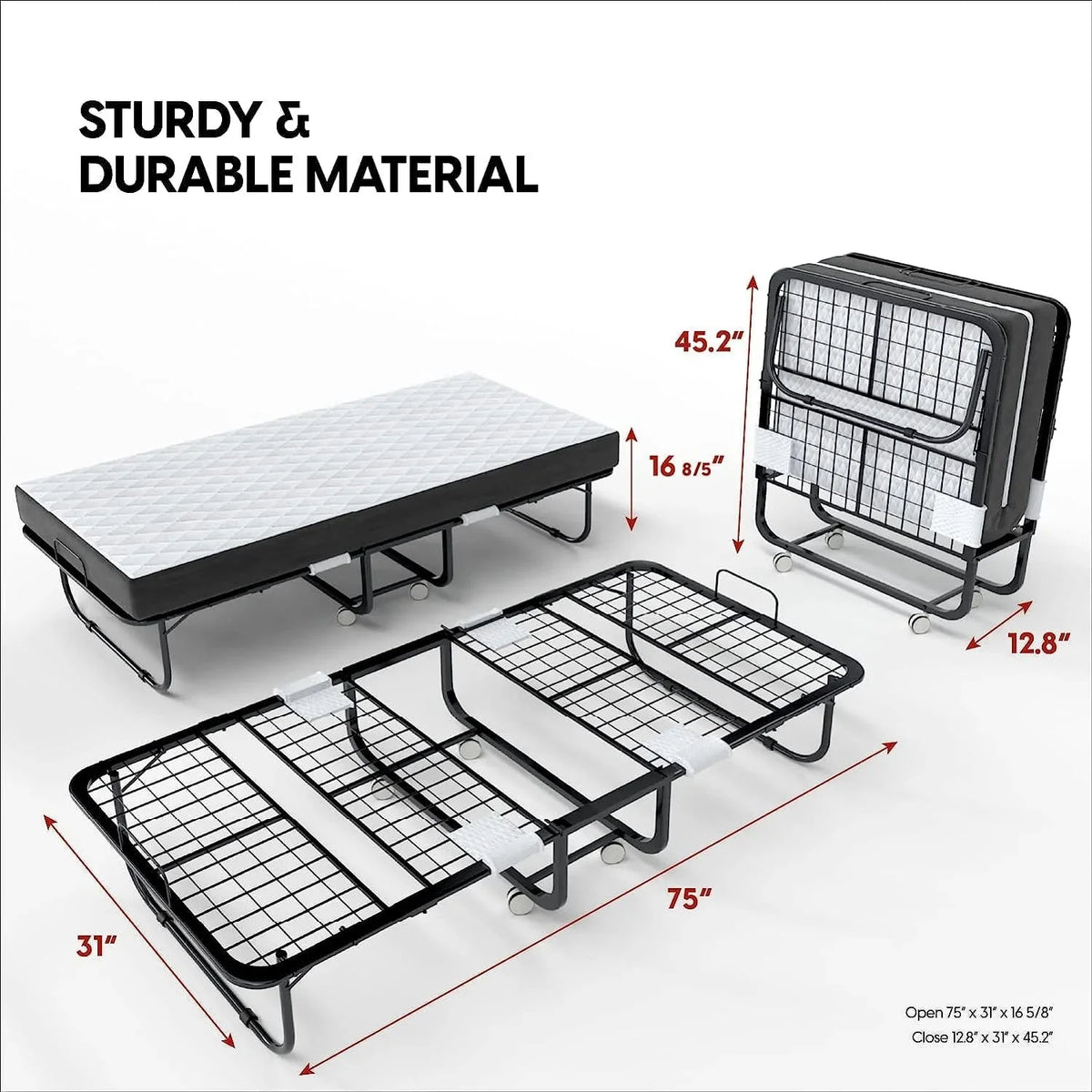 EconoHome Folding Bed With 5-Inch Memory Foam Cot Mattress, 75x31 - Portable Rollaway Bed
