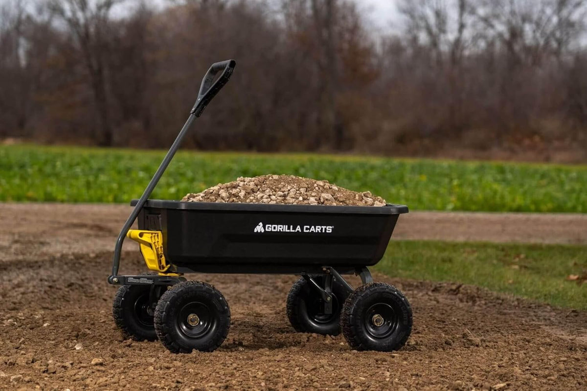 Poly Dump Garden Cart With No-Flat Tires And Serrated Shovel, 7 Cubic Feet, 1,200 lb Capacity, Black