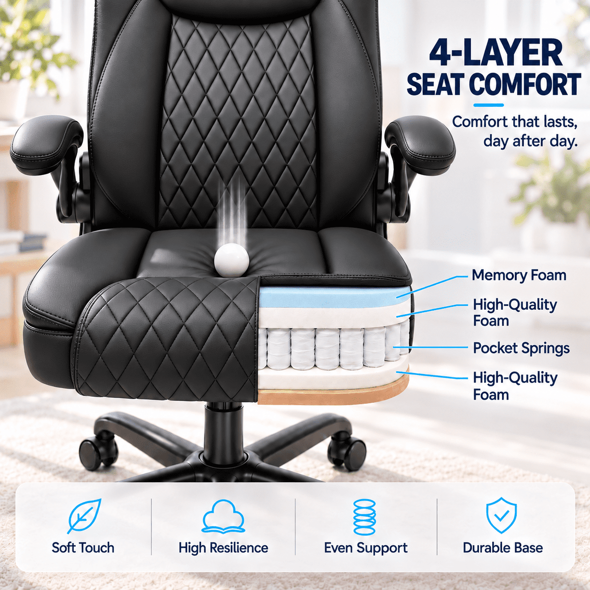CloudRest Pro Office Chair, 400LBS Wide Seat Ergonomic Computer Desk Chair High Back Executive Leather Chair Adjustable Task Chair Lumbar Back, Black