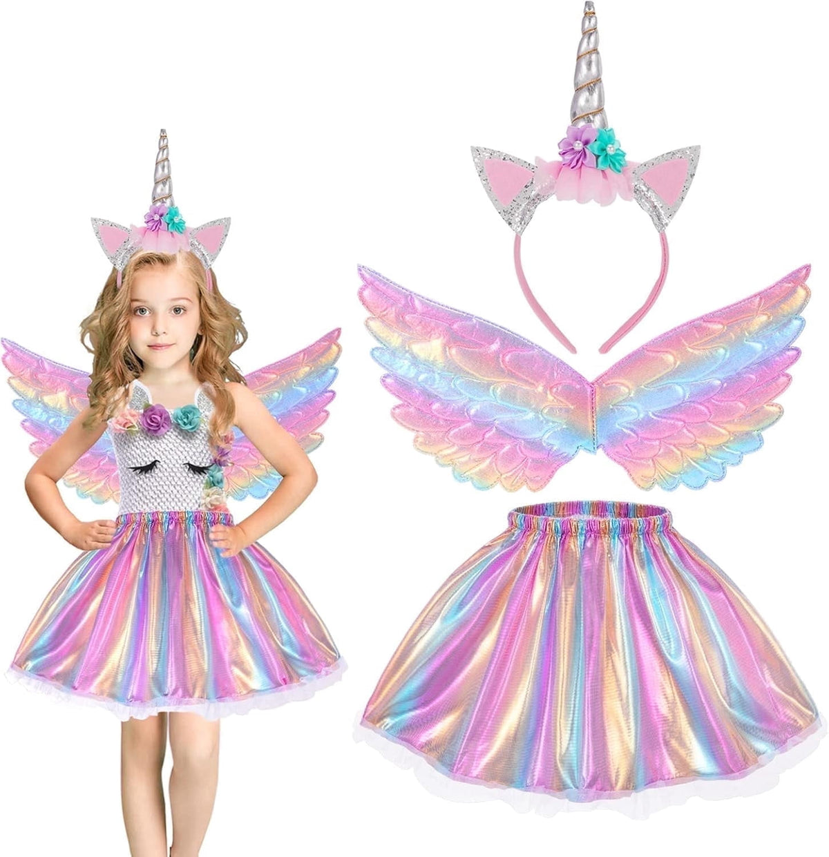 Unicorn Costume for Girls, Tutu Skirt Wings Unicorn Headband Princess Outfit for Birthday Halloween Christmas Cosplay Dress Up