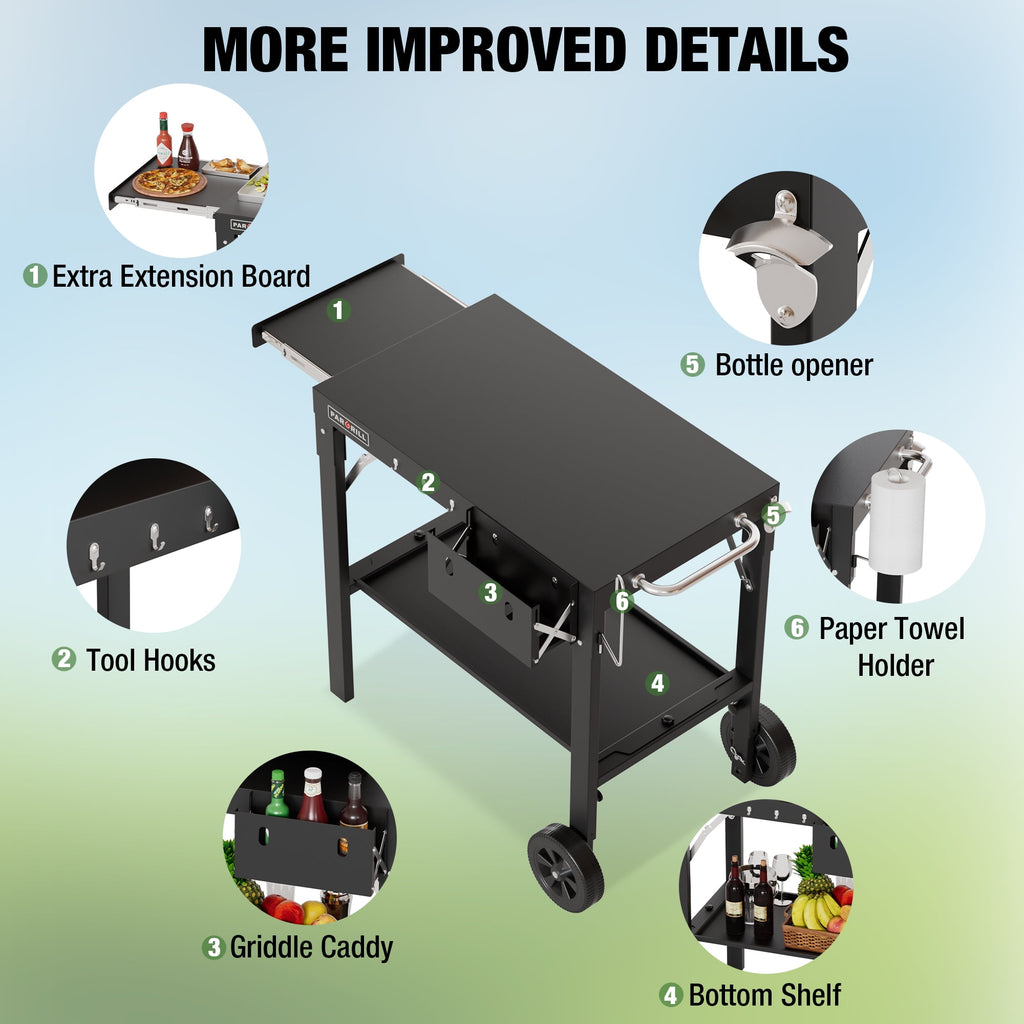 PARGRILL Outdoor Folding Grill Cart with Pull-Out Side Table, Griddle Stand Fit 17 Inch or 22 Inch, Portable Stainless Steel BBQ Prep Station with