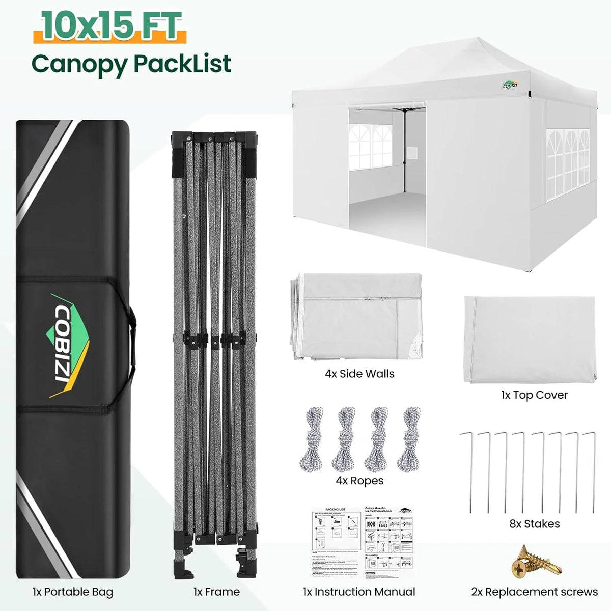 COBIZI 10x20 Heavy Duty Pop-Up Canopy Tent With 6 Sidewalls - Black