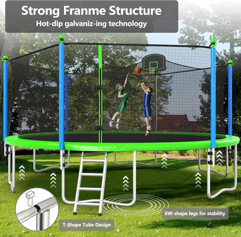 Trampoline With Enclosure Net And Adjustable Basketball Hoop - 8ft, 10ft, 12ft, 14ft, 15ft, 16ft