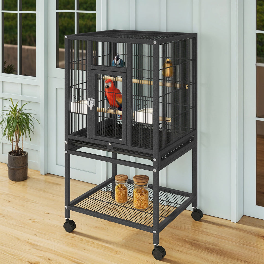 Uforic 41" Metal Bird cage with Rolling Stand, Tray, 2 Perches and 2 Feeders, Black