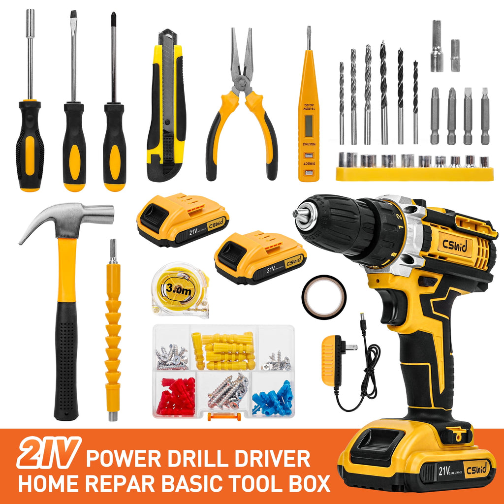 Cshidworld Tool Set with 21V Cordless Drill, Drill Set with 2 Batteries and Charger, 95PCS Electric Power Drill Tool Kit, Repair Tools Sets Combo