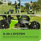 Greenworks 80V 21in Brushless Push Lawn Mower, 500 CFM Blower And 13in String Trimmer - 2 x 2.0Ah Batteries