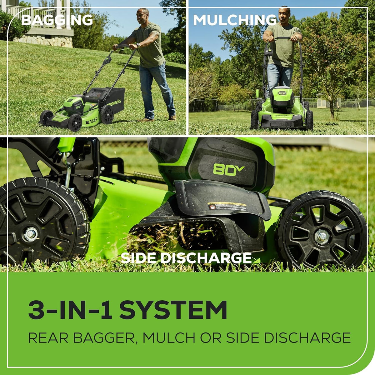 Greenworks 80V 21in Brushless Push Lawn Mower, 500 CFM Blower And 13in String Trimmer - 2 x 2.0Ah Batteries