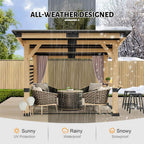 10x12FT Outdoor All-Season Wooden Cedar Hardtop Gazebo With Metal Roof And Back Curtains - SAK57184