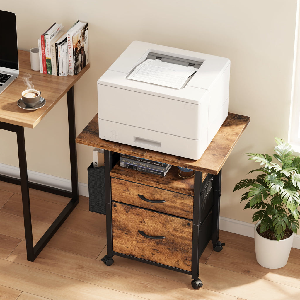 HIGDBFE File Cabinets with 2 Drawers, Rolling Fabric Filing Cabinet with 24'' Large Tabletop, Printer Stand for Home Office, Fits A4/Letter Size