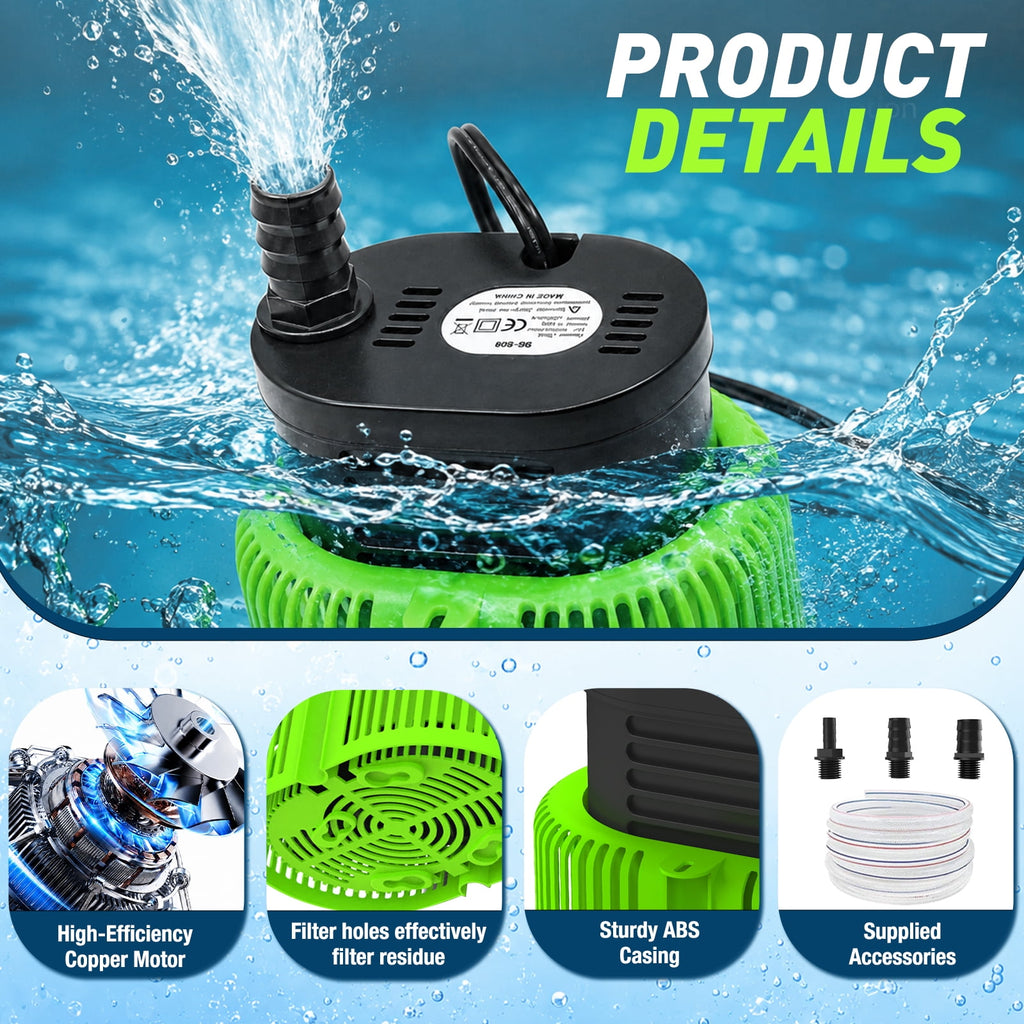 LAANPOLE Pool Cover Pump Above Ground - Submersible Sump Pump, Swimming Water Removal Pumps, with Drainage Hose & 25 Feet Extra Long Power Cord, 850