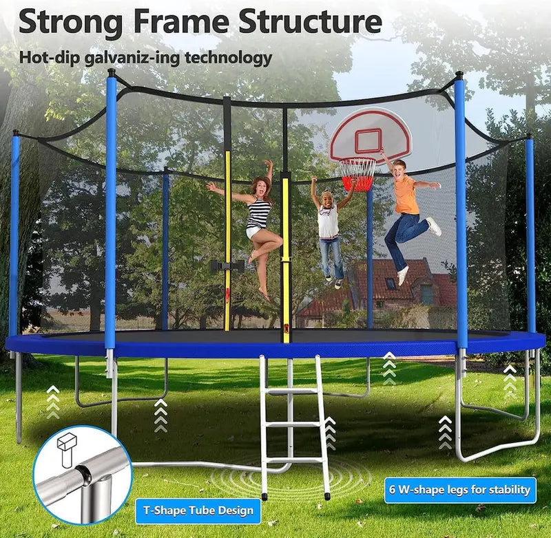 Trampoline With Enclosure Net And Adjustable Basketball Hoop - 8ft, 10ft, 12ft, 14ft, 15ft, 16ft