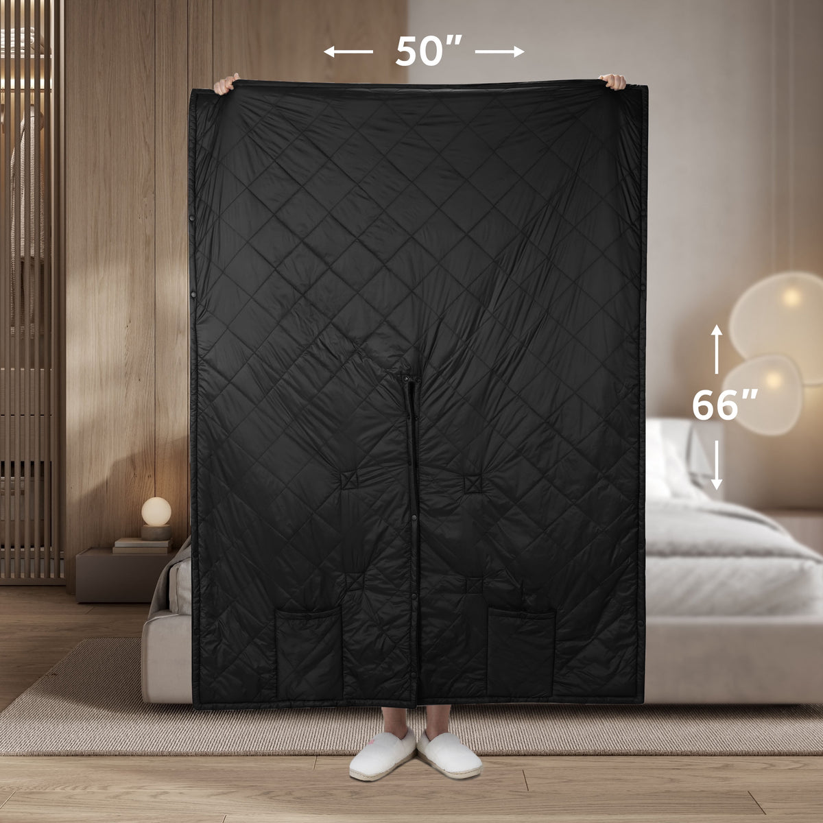 Sunbeam Cordless Rechargeable Heated Electric Wearable Throw Blanket with Hood, Black, 4 Heat Settings, 50 x 66 in