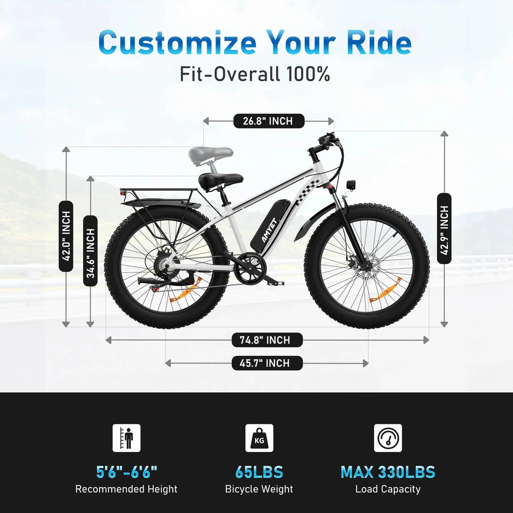 AMYET 26 x 4 Fat Tire Electric Mountain Bike, 48V 15Ah, 7-Speed - EB26