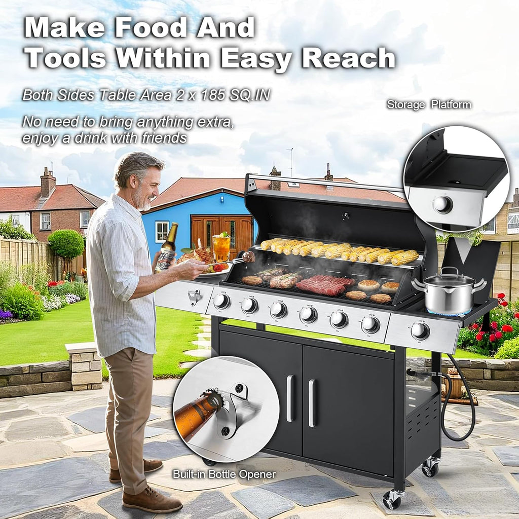 4-Burner Propane Gas Grill With Cast Iron Grates, Side Stove And 44,000 BTU Stainless Steel Burners