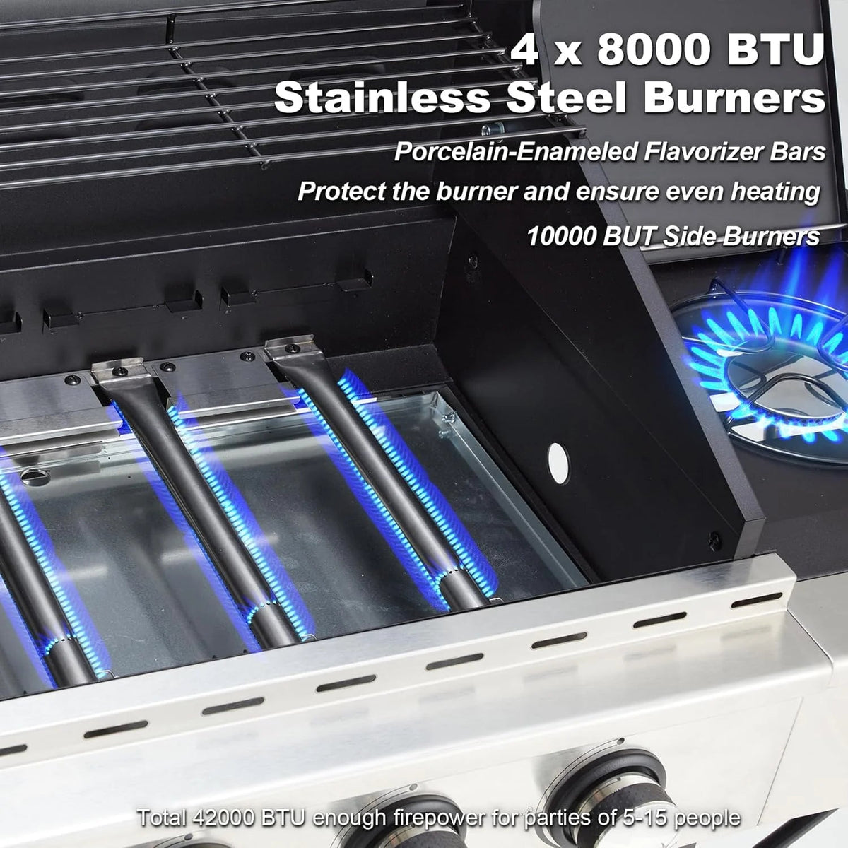 4-Burner Propane Gas Grill With Cast Iron Grates, Side Stove And 44,000 BTU Stainless Steel Burners