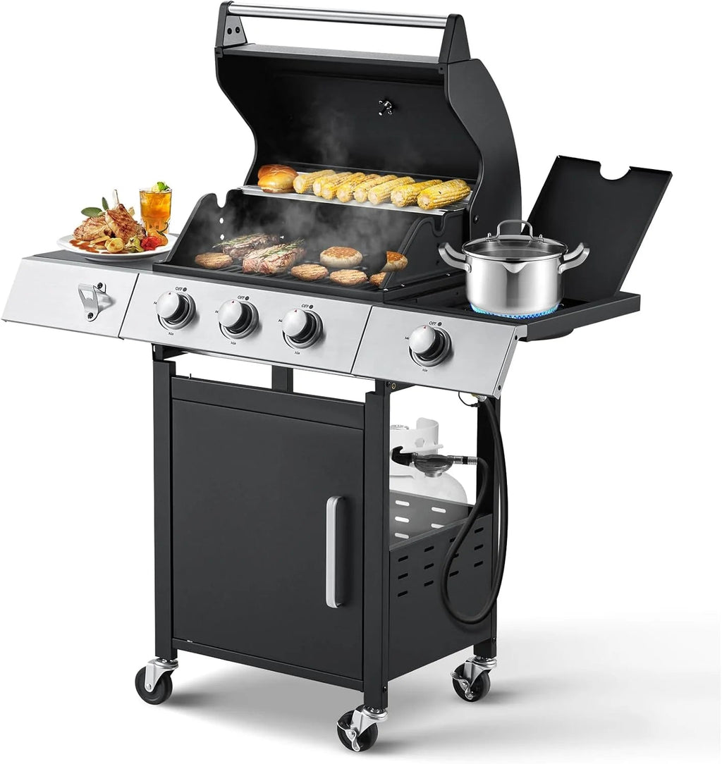 4-Burner Propane Gas Grill With Cast Iron Grates, Side Stove And 44,000 BTU Stainless Steel Burners