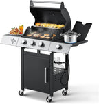 4-Burner Propane Gas Grill With Cast Iron Grates, Side Stove And 44,000 BTU Stainless Steel Burners