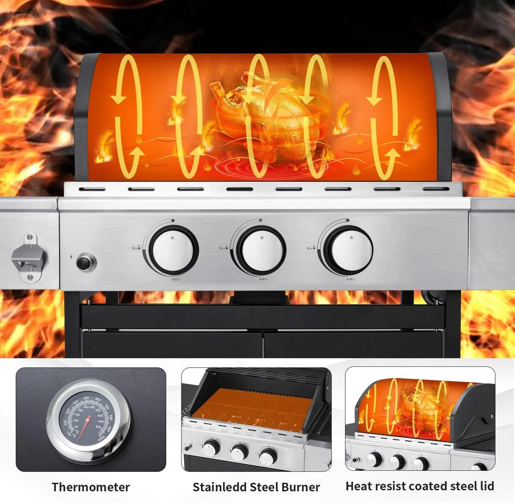 4-Burner Propane Gas Grill With Cast Iron Grates, Side Stove And 44,000 BTU Stainless Steel Burners