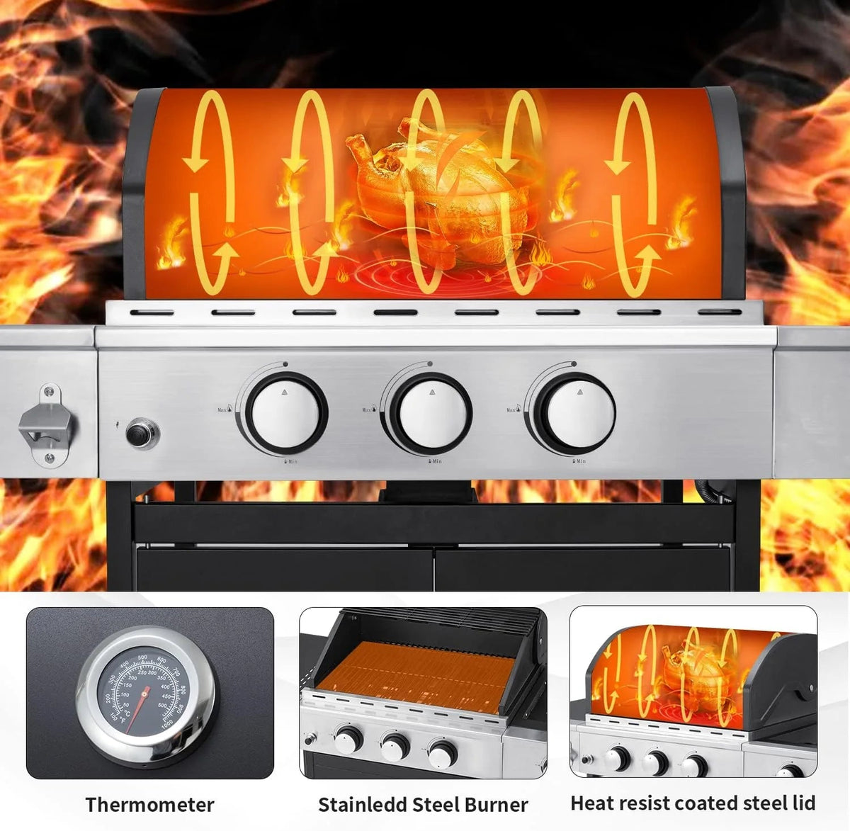 4-Burner Propane Gas Grill With Cast Iron Grates, Side Stove And 44,000 BTU Stainless Steel Burners