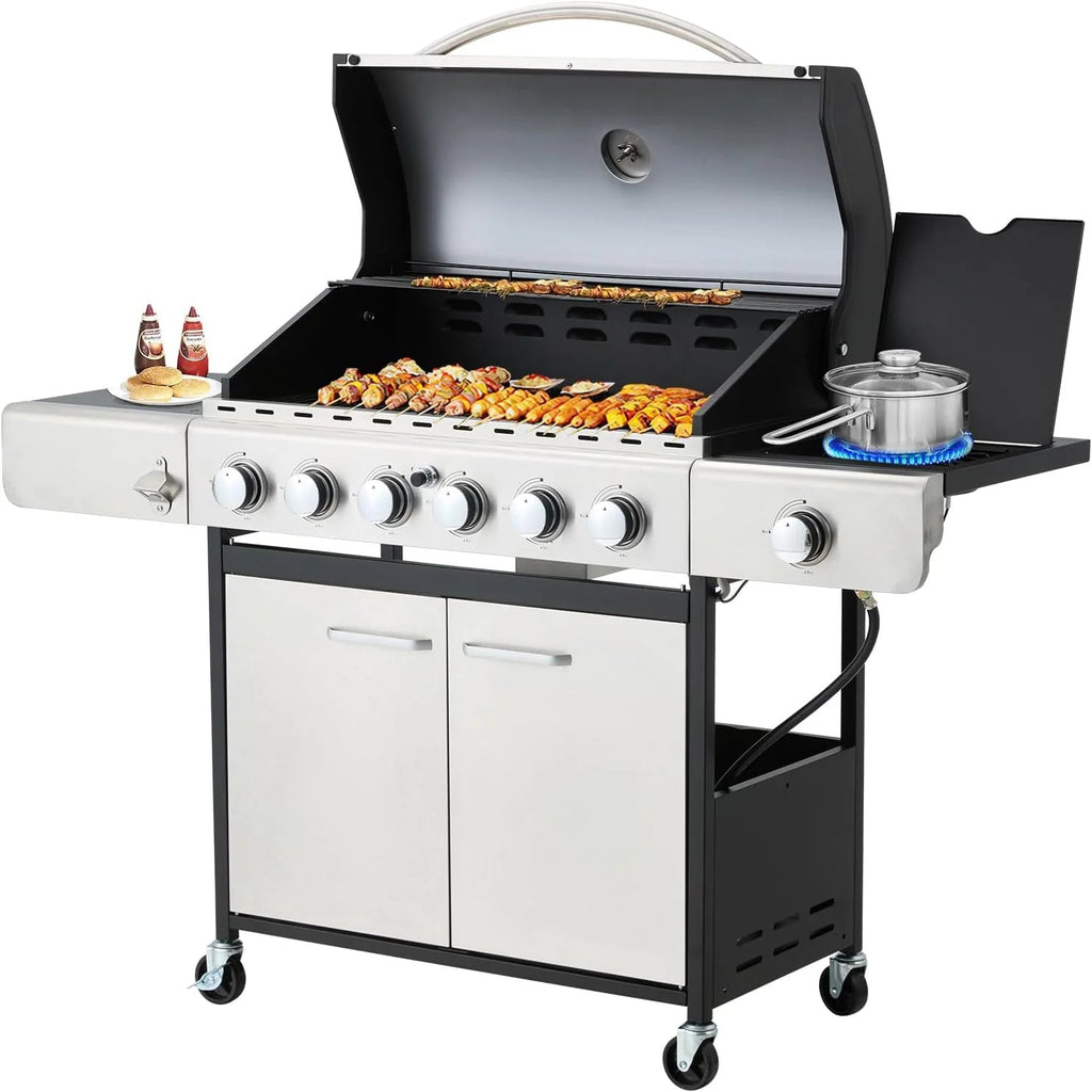 4-Burner Propane Gas Grill With Cast Iron Grates, Side Stove And 44,000 BTU Stainless Steel Burners
