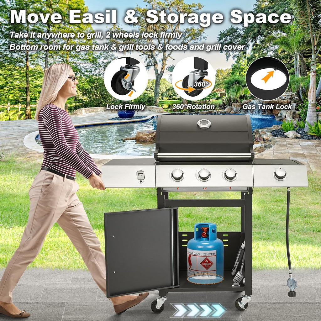 4-Burner Propane Gas Grill With Cast Iron Grates, Side Stove And 44,000 BTU Stainless Steel Burners