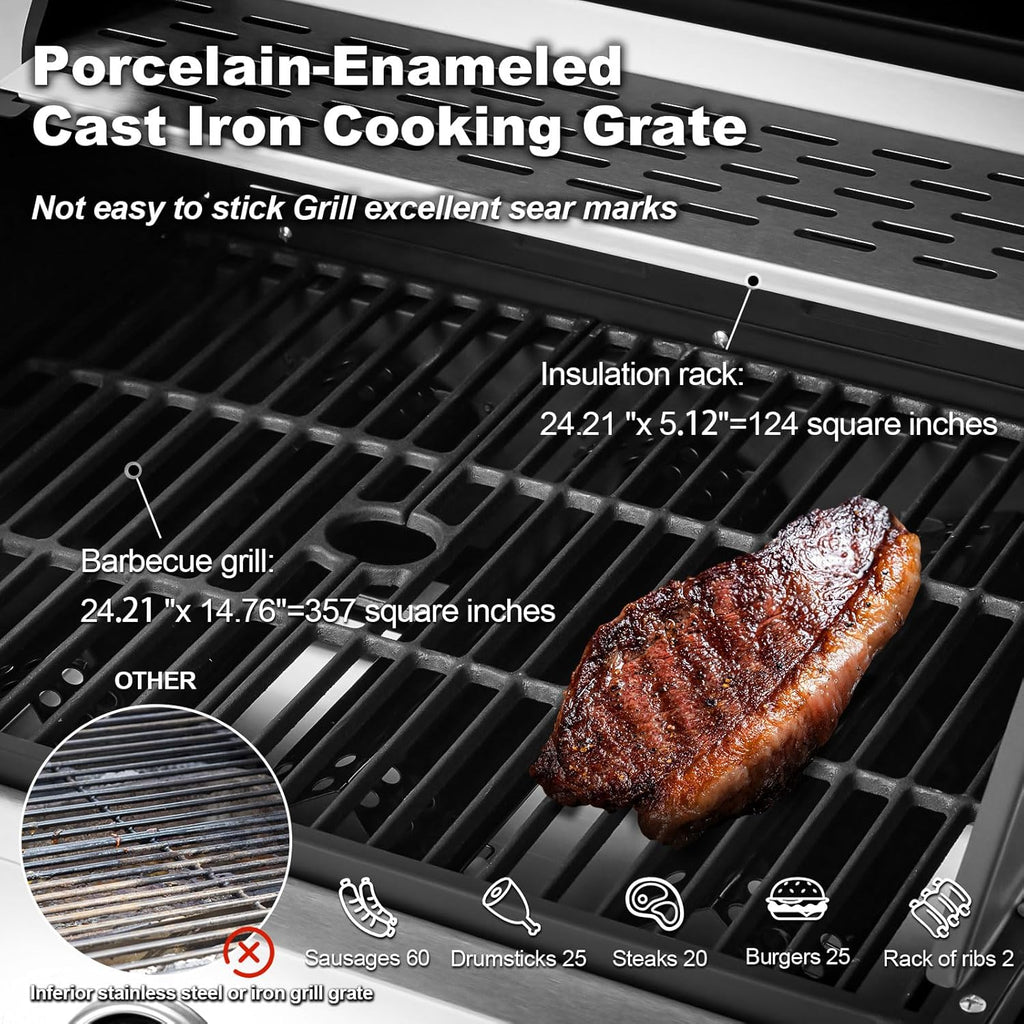 4-Burner Propane Gas Grill With Cast Iron Grates, Side Stove And 44,000 BTU Stainless Steel Burners