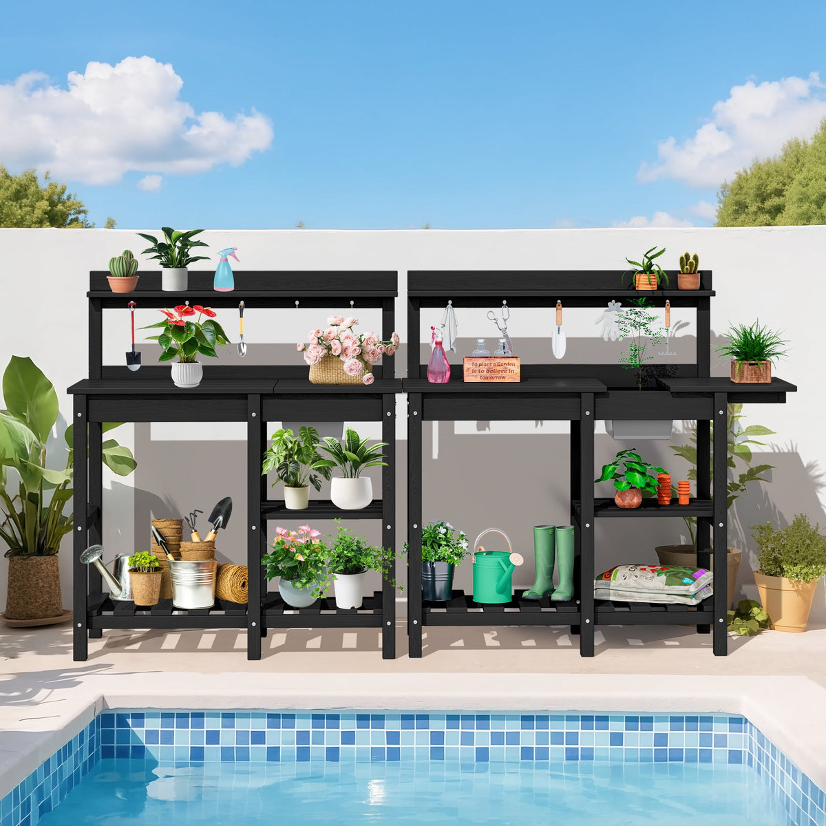 SERWALL Potting Bench Outdoor Potting Table with Sink, HDPE Material All Weather Use- Black