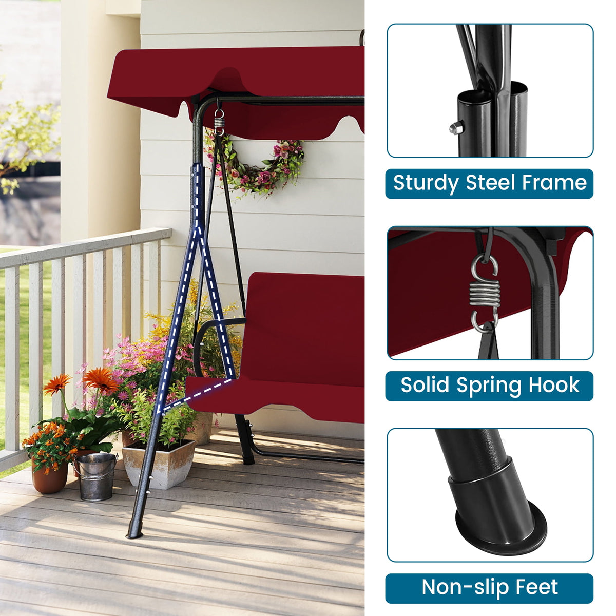 Skandiquip 3 Seats Outdoor Porch Swing with Adjustable Canopy, Adult Patio Glider Swing for Backyard, Heavy Duty Steel Frame, Red