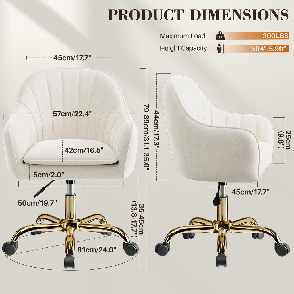 COOLHUT Office Desk Chair with Padded, Velvet Vanity Chair with Back and Wheels, Comfy Home Office Chiar with Gold Legs, Height Adjustable, Rolling