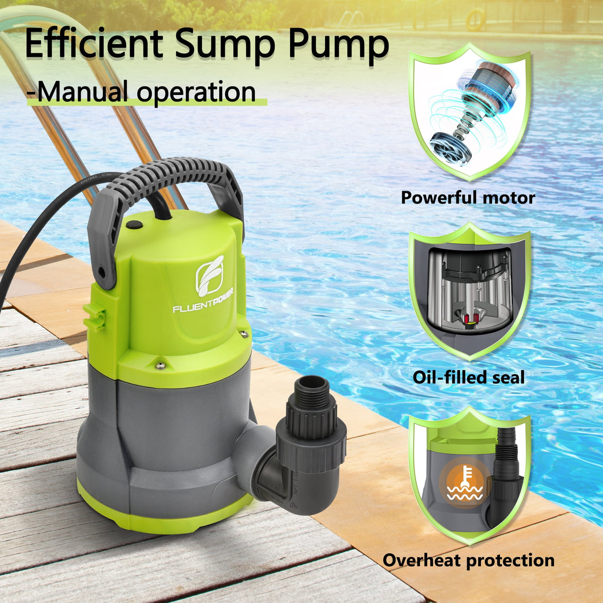 FLUENTPOWER 3/4 HP Submersible Utility Pump, 3500 GPH, Manual Control, 26.4 ft Cord, for Pool and Basement Draining