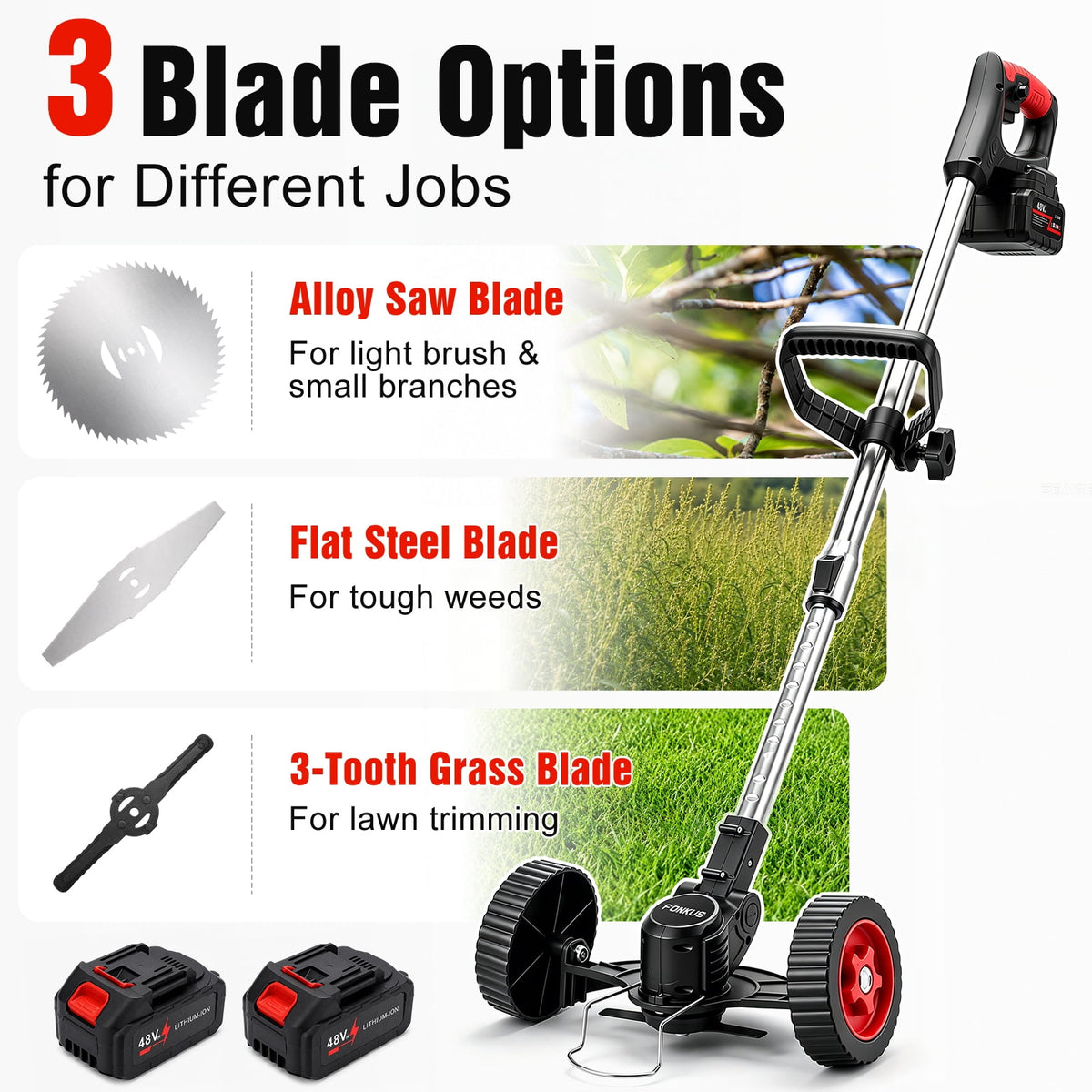 FOUKUS Cordless Weed Wacker Battery Powered - 800W Electric Grass Trimmer Edger Mower with Wheels - Lightweight Brush Cutter Tool for Lawn Care