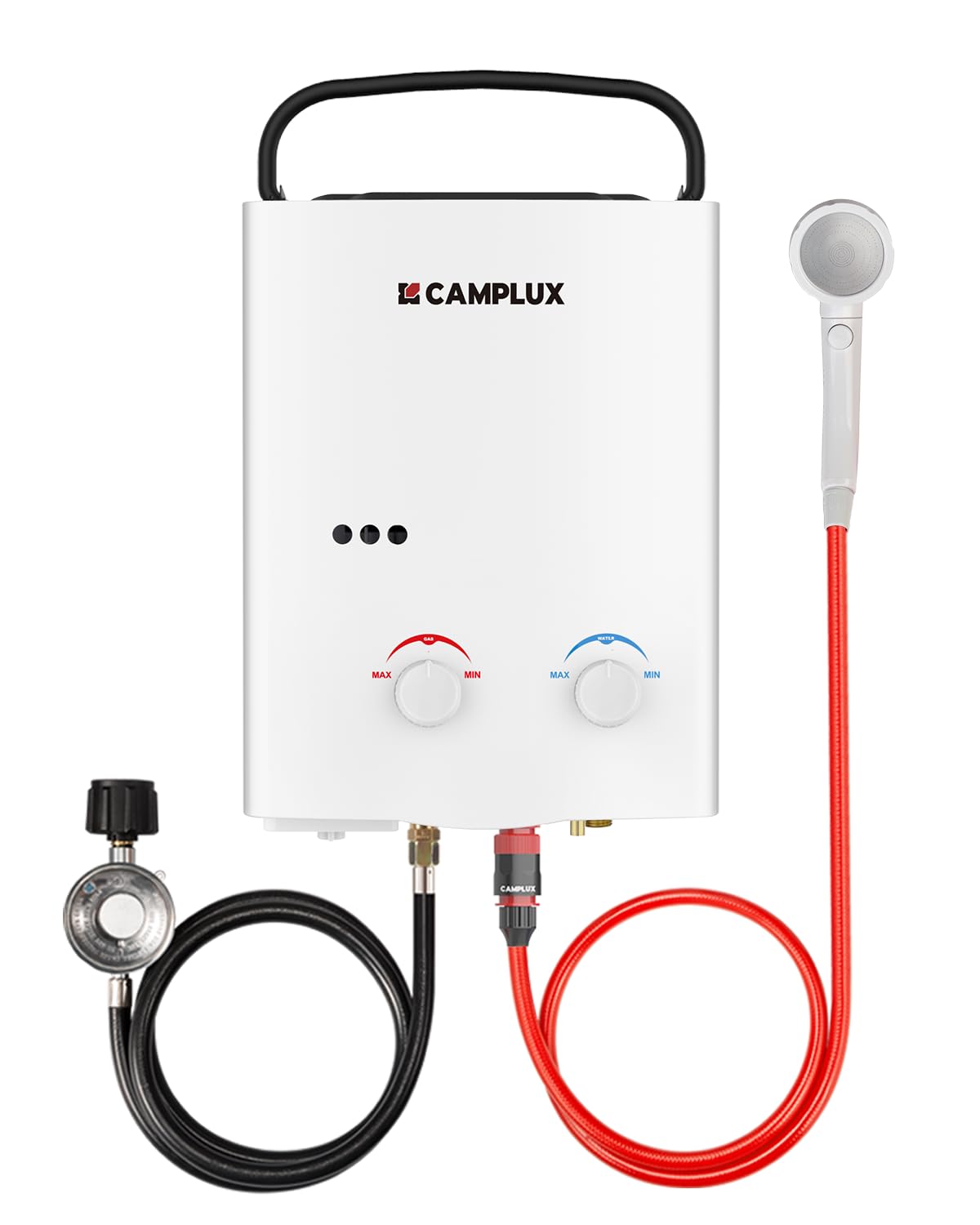 CAMPLUX 5L Portable Tankless Water Heater, 1.32 GPM Outdoor Propane Shower for Camping, RV, Off-Grid, Instant Hot Water with Folding Handle, Overheat