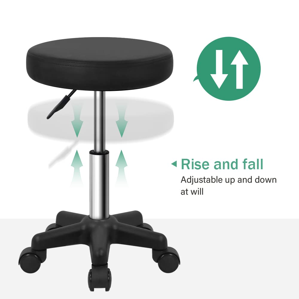FURWOO Round Rolling Stool Height Adjustable Stool with Wheels for Spa Salon Massage Black