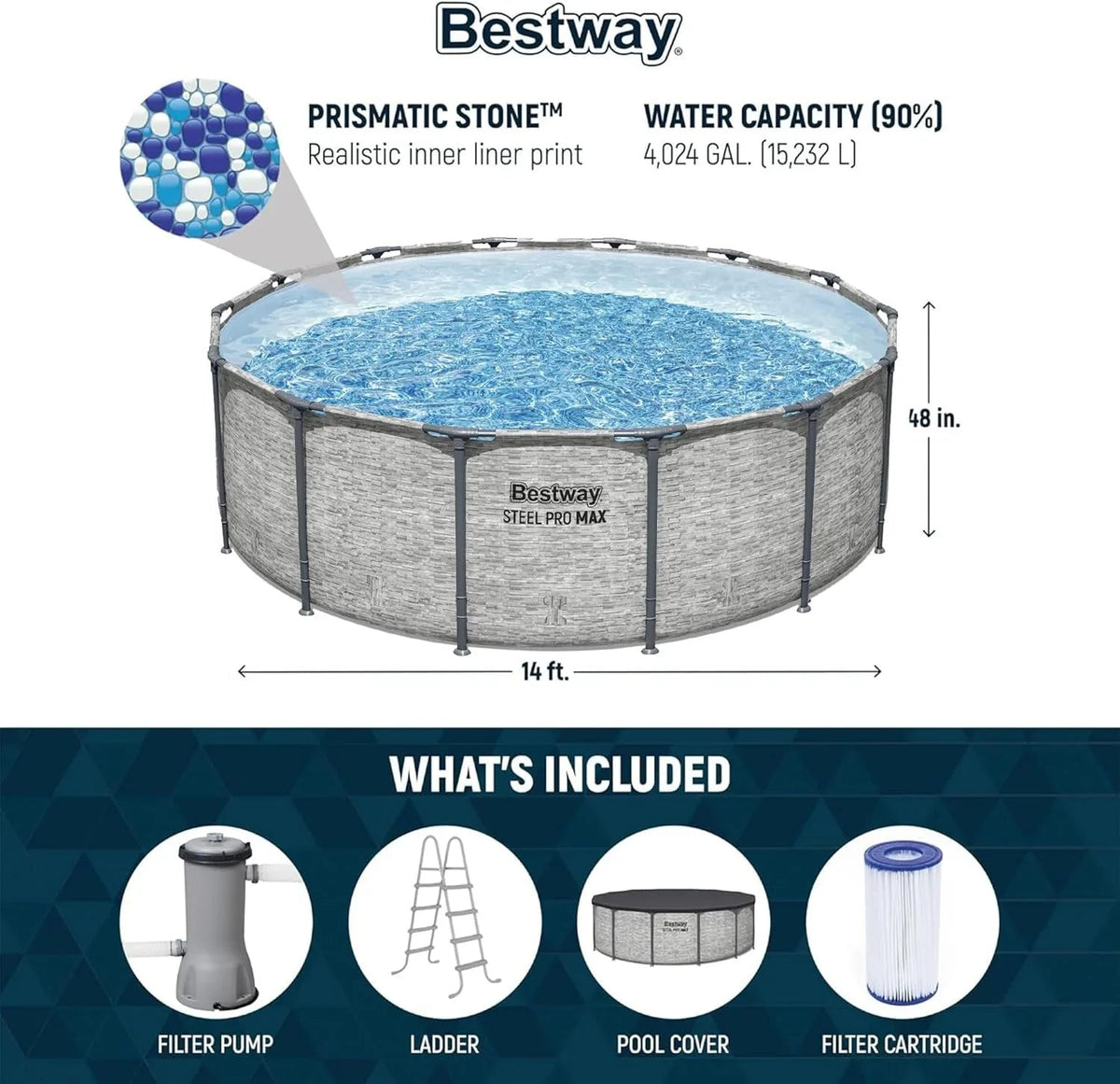 Steel Pro MAX 14 Foot x 48 Inch Round Steel Frame Above Ground Pool Set With 1,000 Filter Pump, Ladder And Cover - Gray