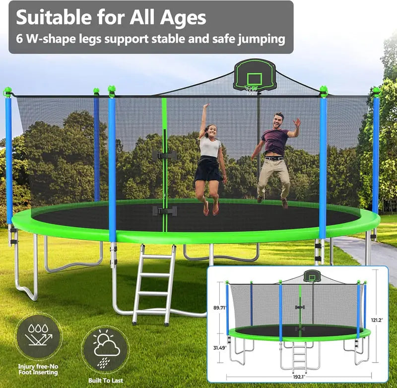 Trampoline With Enclosure Net And Adjustable Basketball Hoop - 8ft, 10ft, 12ft, 14ft, 15ft, 16ft