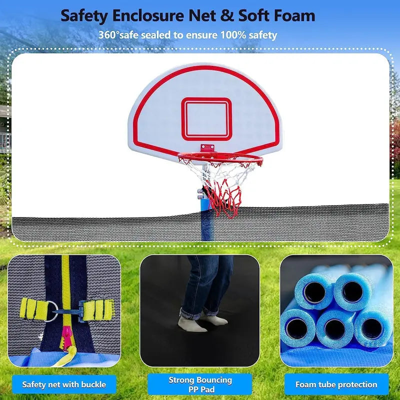 Trampoline With Enclosure Net And Adjustable Basketball Hoop - 8ft, 10ft, 12ft, 14ft, 15ft, 16ft