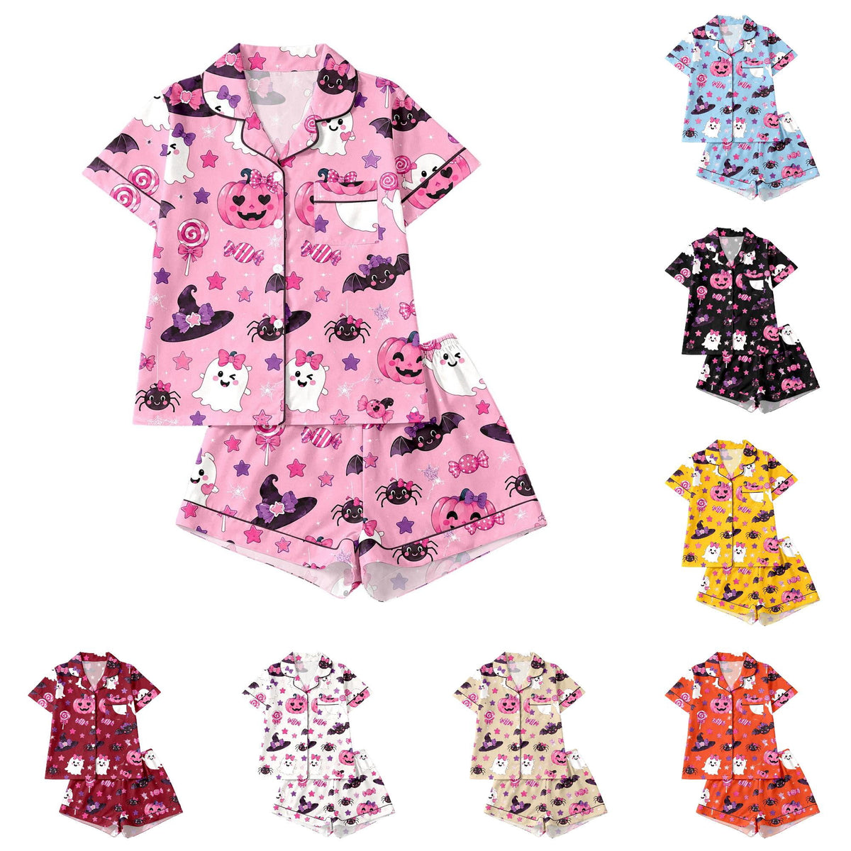 CUZIBR Girls Halloween Pajamas Sets Soft Comfortable Ghost Pumpkin Lapel Button Short Sleeve Shirt Elastic Waist Shorts 2 Pieces Sleep Loungewear Relaxed Sleepwear Outfits, Orange-C