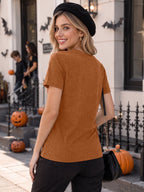 KimSoong Women Halloween Shirt Plaid Pumpkins Graphic Crew Neck Short Sleeve T-Shirts Tops