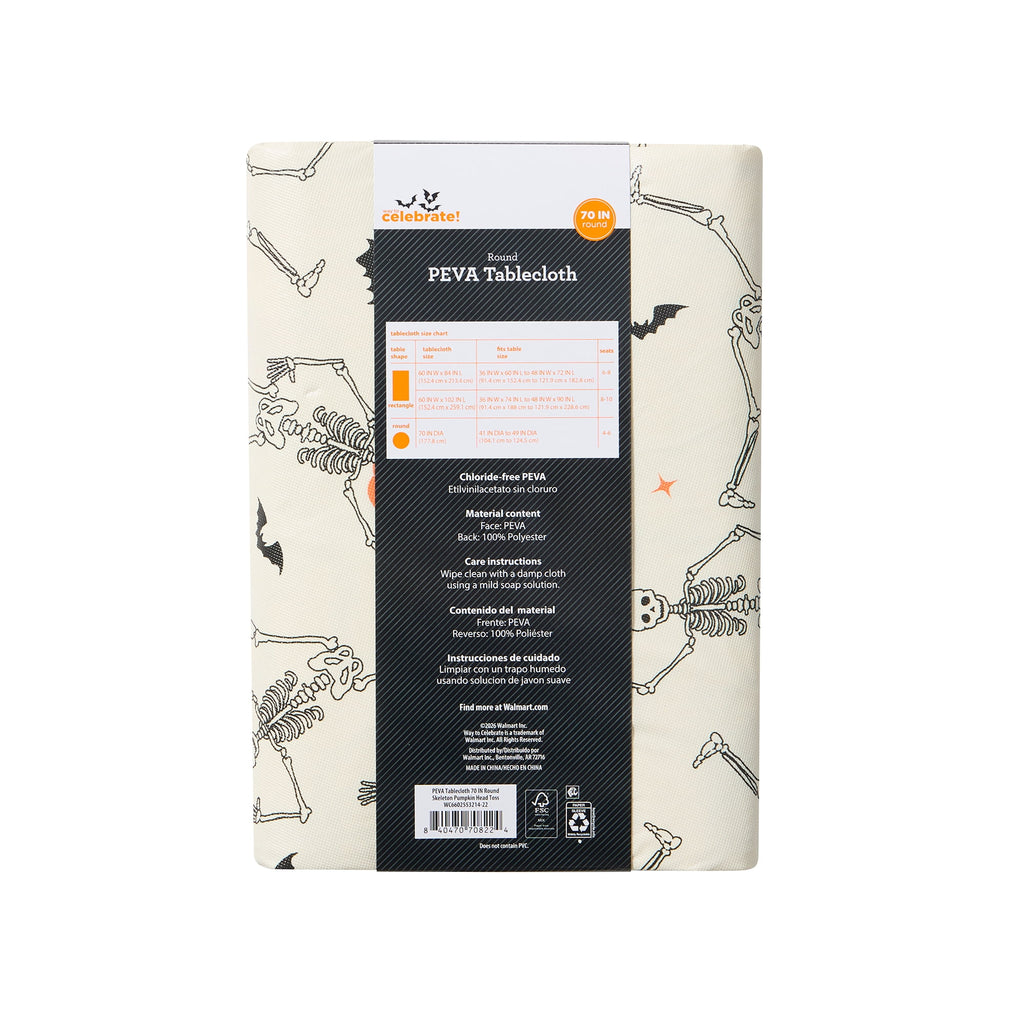 Way To Celebrate Halloween PEVA Tablecloth, For Table 70" Round - Skeleton Pumpkin Head Toss