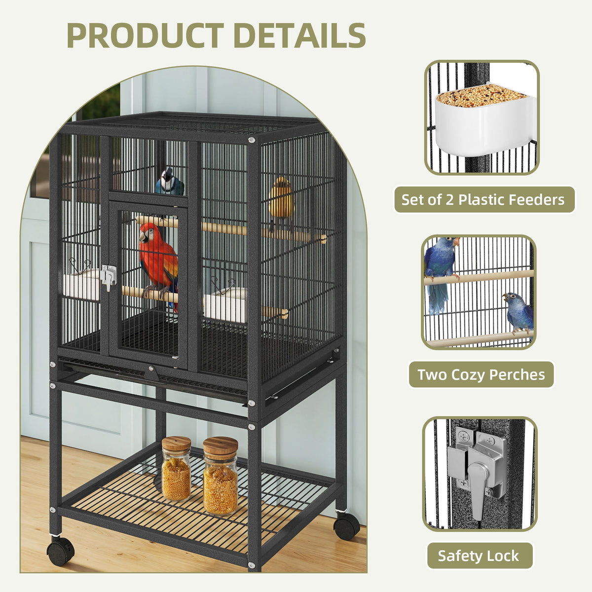 Uforic 41" Metal Bird cage with Rolling Stand, Tray, 2 Perches and 2 Feeders, Black