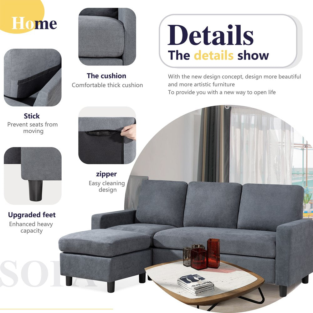 Walsunny Convertible Sectional Sofa With Reversible Design And Movable Ottoman - Linen Fabric