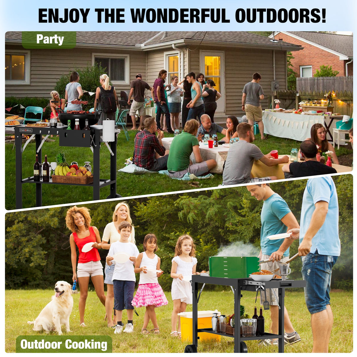 PARGRILL Outdoor Folding Grill Cart with Pull-Out Side Table, Griddle Stand Fit 17 Inch or 22 Inch, Portable Stainless Steel BBQ Prep Station with